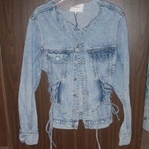 Aureta Lana Denim Jacket Button Up Awesome Looking Adjustable Lace Sides upcycle